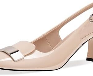 Women's Low Heel Slingback Pumps Square Toe Buckle Patent Leather Elegant Comfortable Dress Shoes