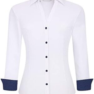 Womens Button Down Shirt Long Sleeve Work Dress Shirts, V Neck Easy Care Stretchy Business Casual Blouses for Women
