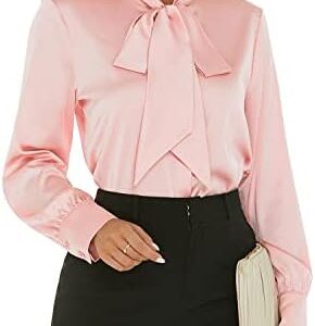 Women's Silk Blouse Bow Tie Neck Long Sleeve Satin Button Down Shirt Casual Office Blouse