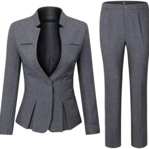 Women's Business 2 Pieces Office Lady Suit Set Work Blazer Pant Dark Grey  Clothing
