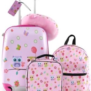 BABY JOY Kids Luggage, 5 Pieces Luggage Set 16" Carry-on Hardshell Spinner Toddler Suitcase, 13" Backpack, Neck Pillow & Insulated Lunch Bag, Travel Kids Rolling Suitcase for Girls