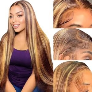 Highlight Ombre Lace Front Wig Human Hair 28Inch Honey Blonde Lace Front Wigs Human Hair 13x6 HD Lace Front Wig Human Hair 180% Density 4/27 Colored Straight Human Hair Pre Plucked with Baby Hair  Beauty & Personal Care