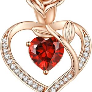 LOUISA SECRET Valentines Day Gifts for Her, Rose Flower Heart Birthstone Necklaces for Women, 925 Sterling Silver Fine Jewelry, Ideal Anniversary or Birthday Gifts for Wife Mom Girlfriend Ladies